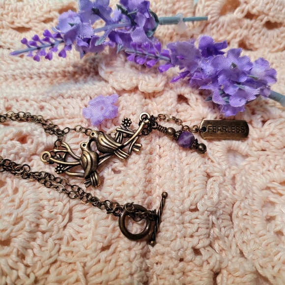 Lovebird Necklace with Genuine Amythyst bead and "fearless" tag - Picture 9 of 10